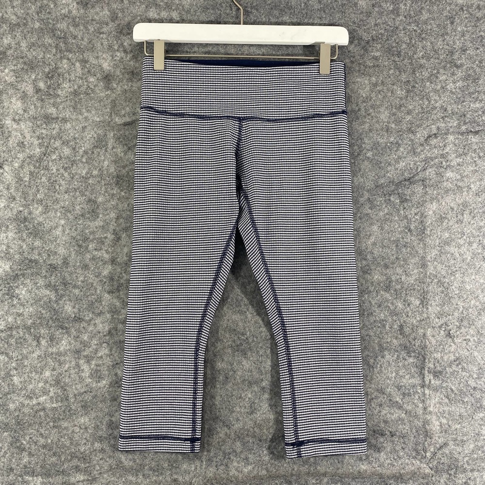 Lululemon Leggings 6 Wunder Under Crop Gingham Printed Navy Blue White Luon